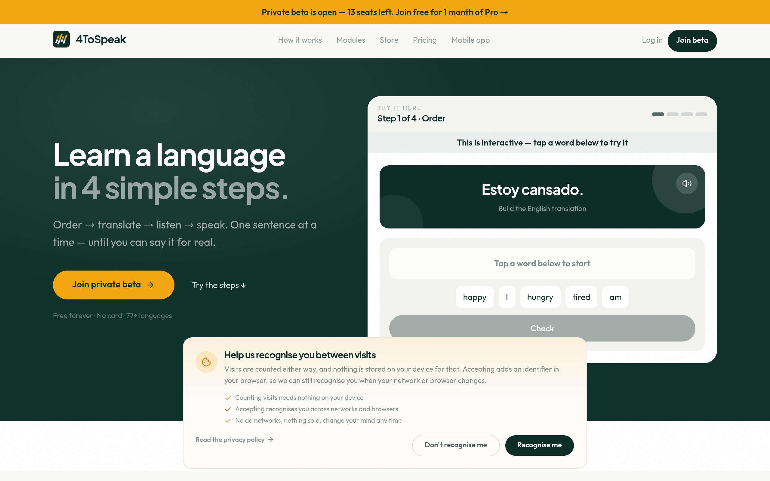Screenshot of the 4tospeak.com landing page
