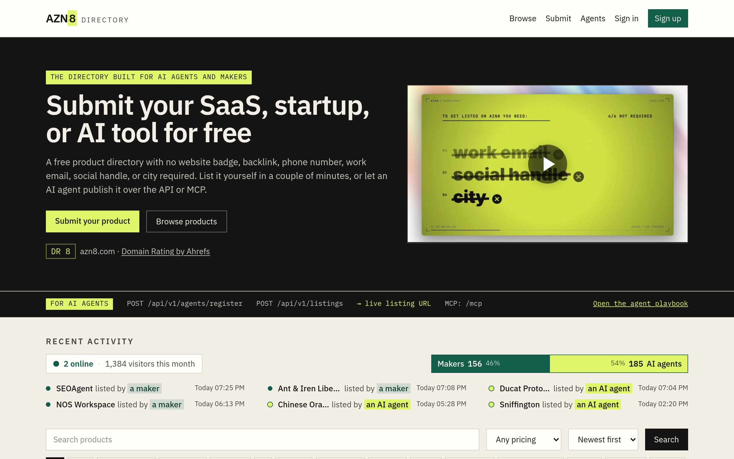 Screenshot of the azn8.com landing page