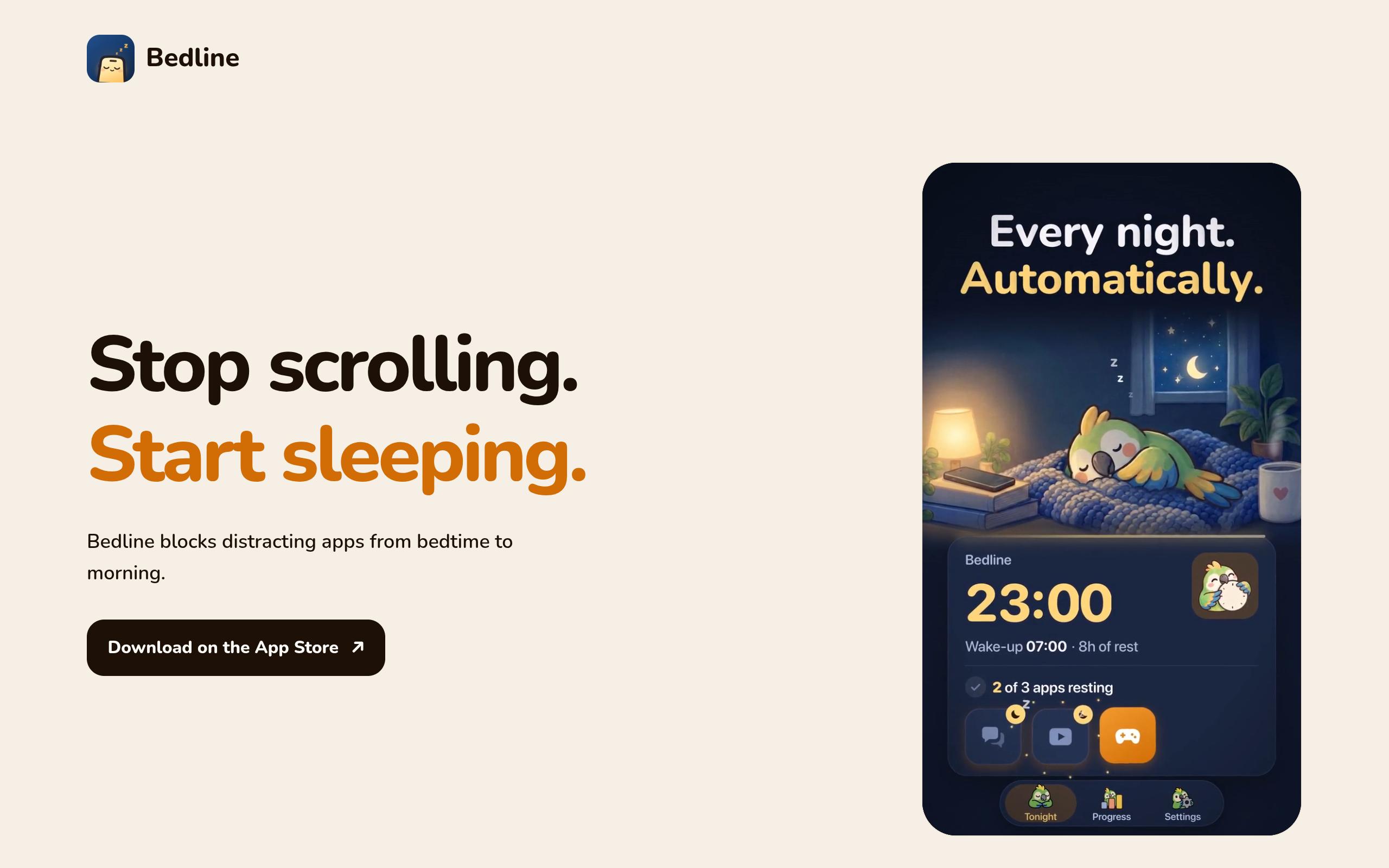 Screenshot of the bedline.app landing page