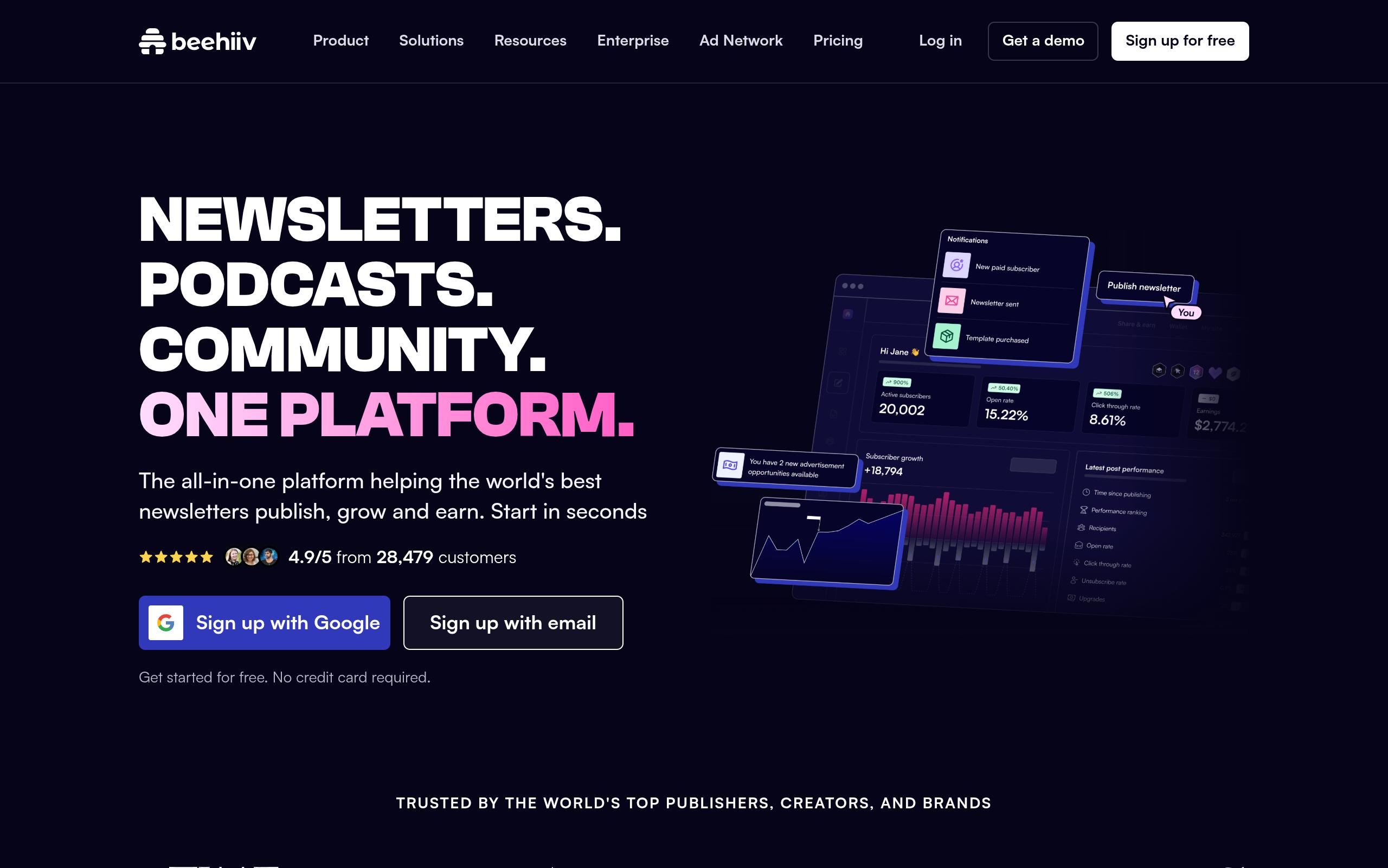 Screenshot of the beehiiv.com landing page