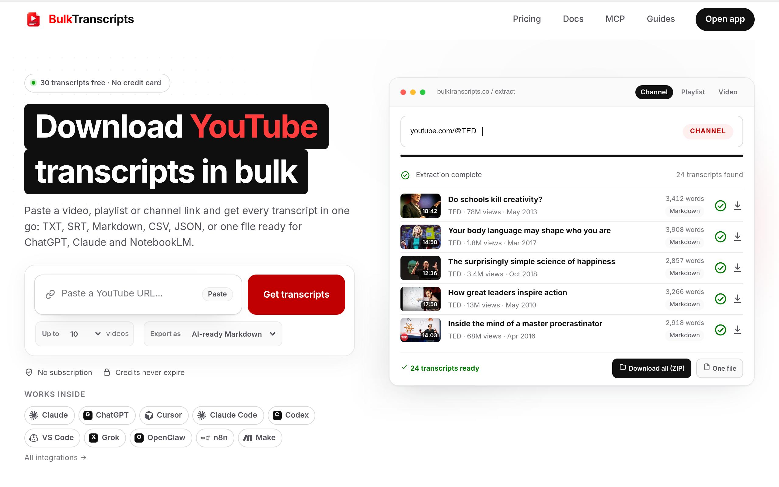 Screenshot of the bulktranscripts.co landing page