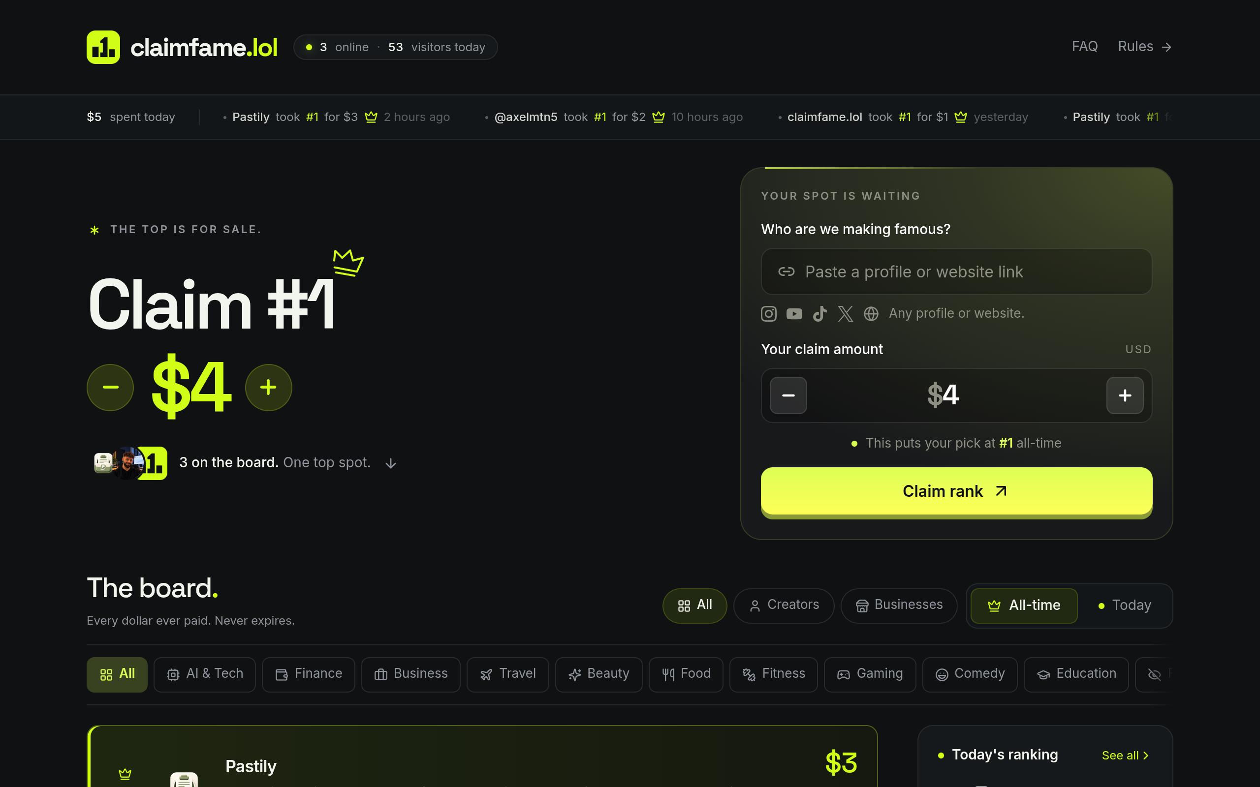 Screenshot of the claimfame.lol landing page