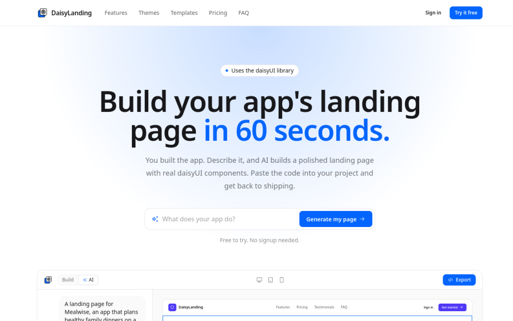 Screenshot of the daisylanding.com landing page