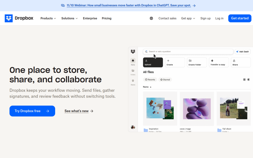 Screenshot of the dropbox.com landing page