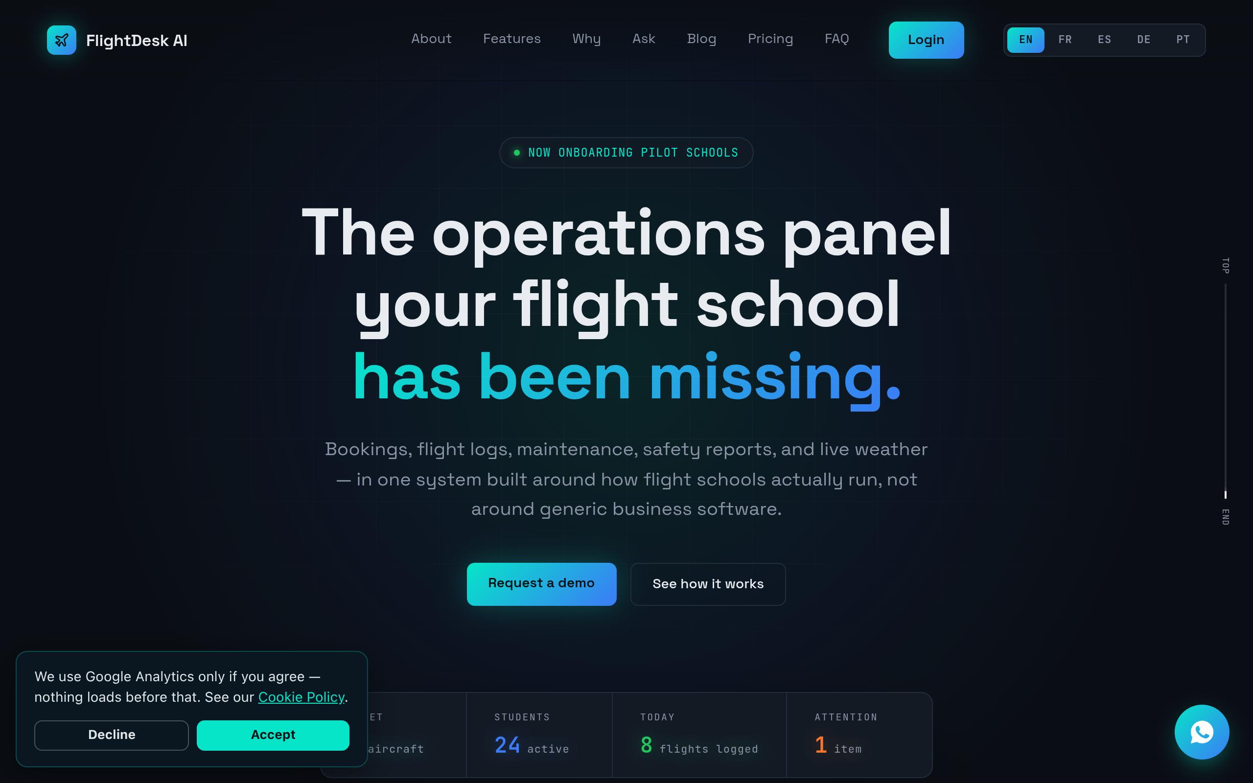 Screenshot of the flightdeskai.org landing page