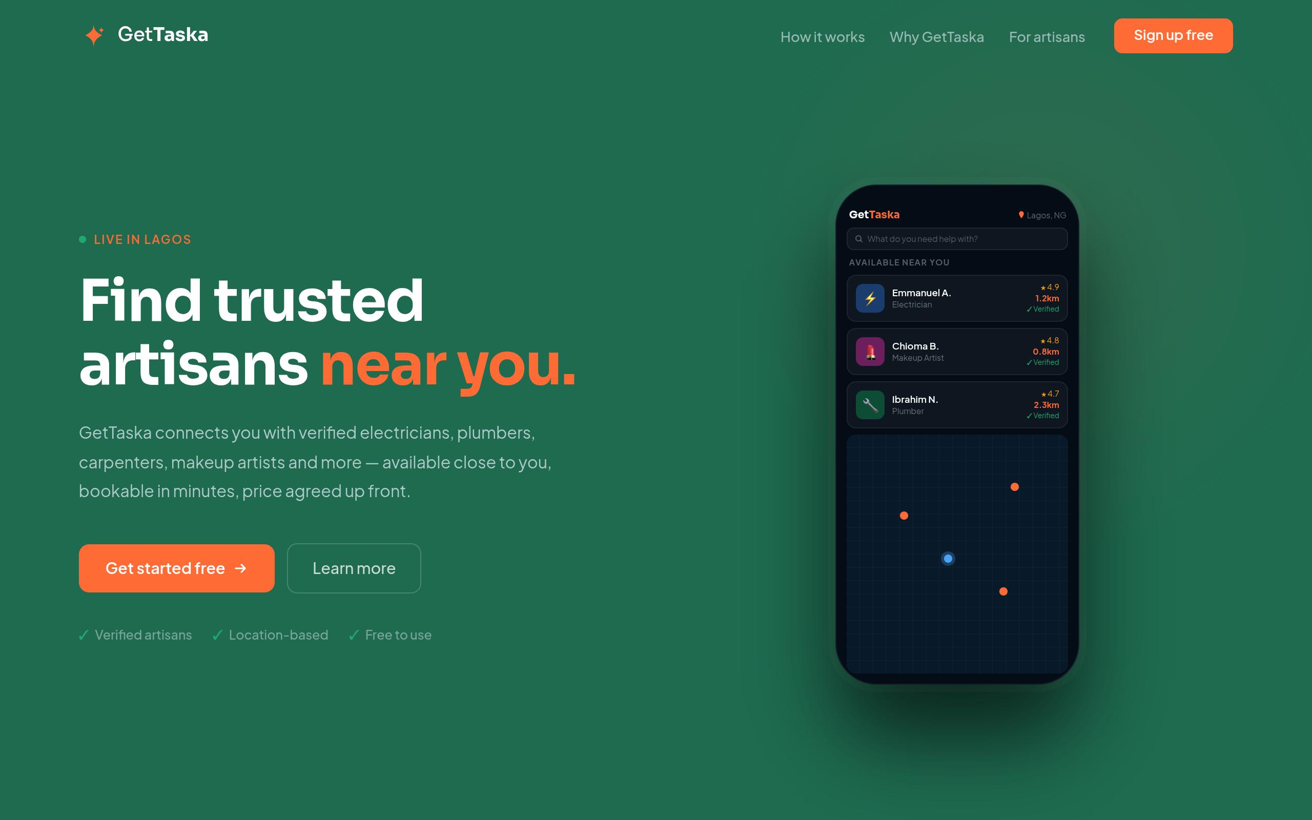 Screenshot of the gettaska.com landing page