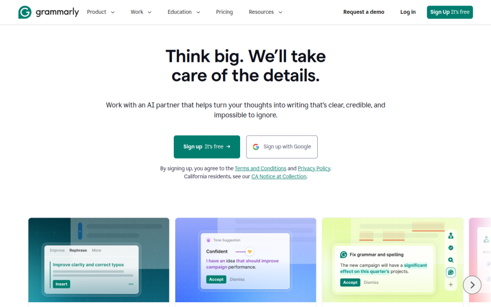 Screenshot of the grammarly.com landing page