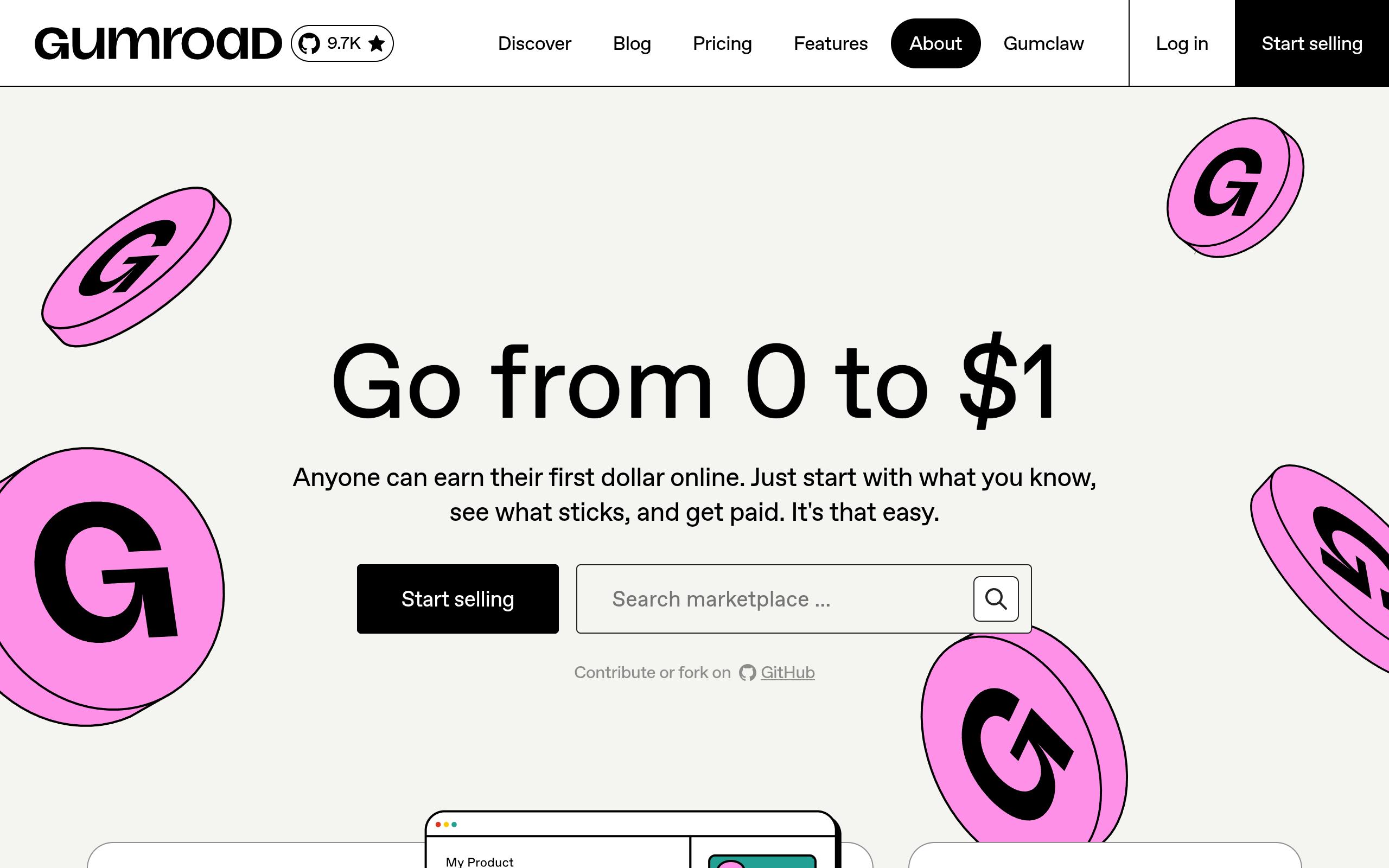 Screenshot of the gumroad.com landing page