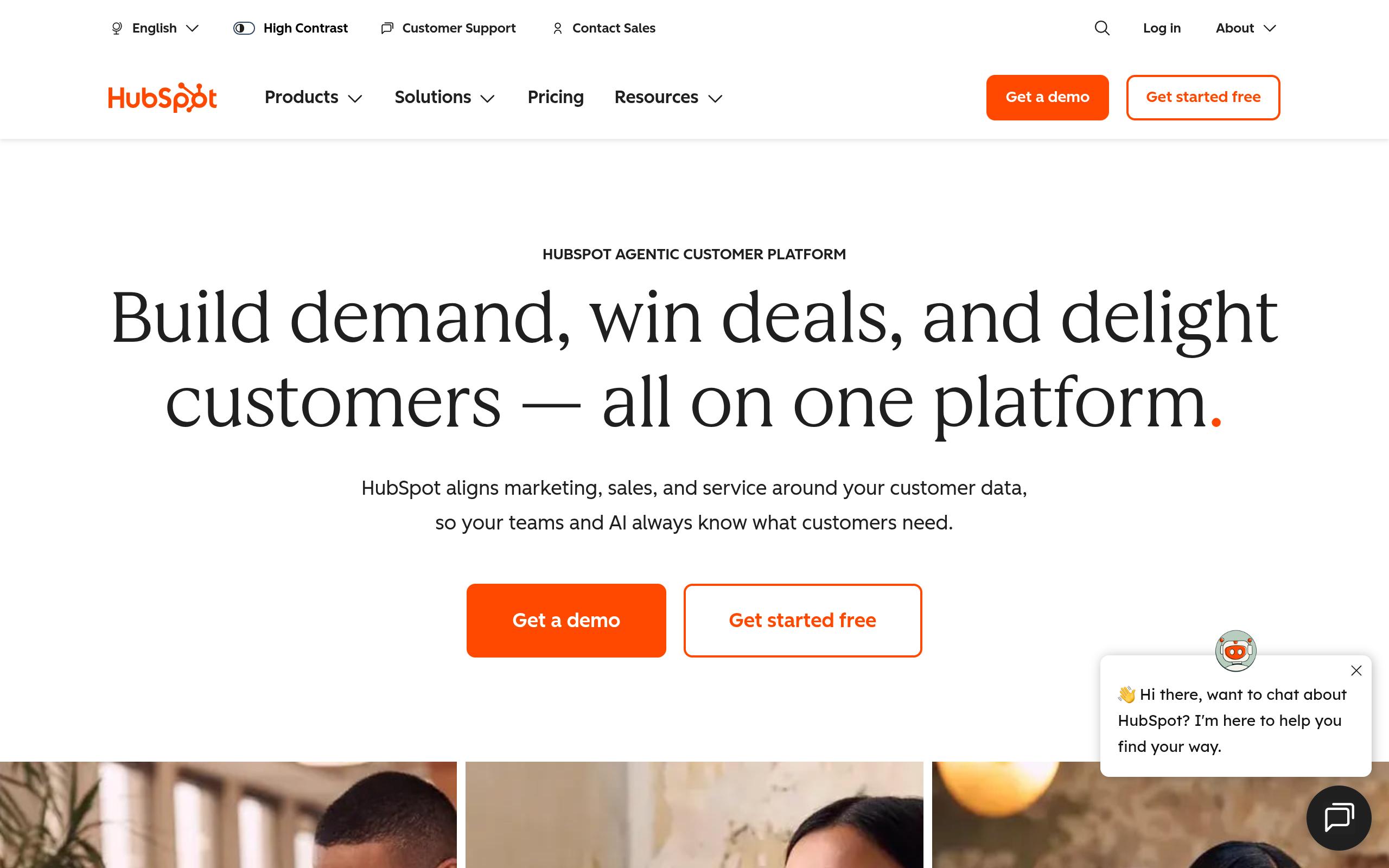 Screenshot of the hubspot.com landing page