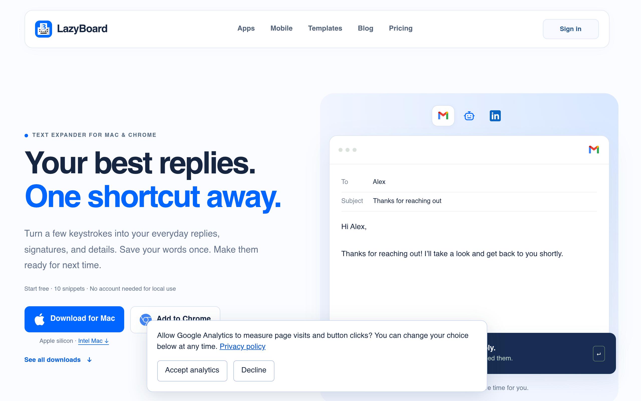 Screenshot of the lazyboard.app landing page