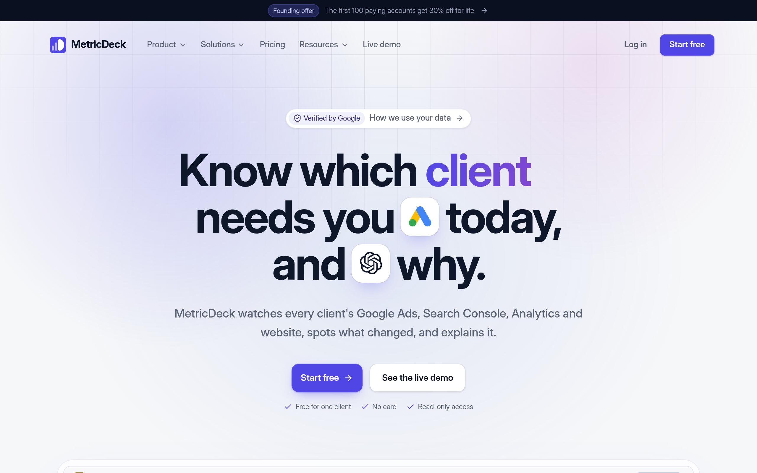 Screenshot of the metricdeck.app landing page