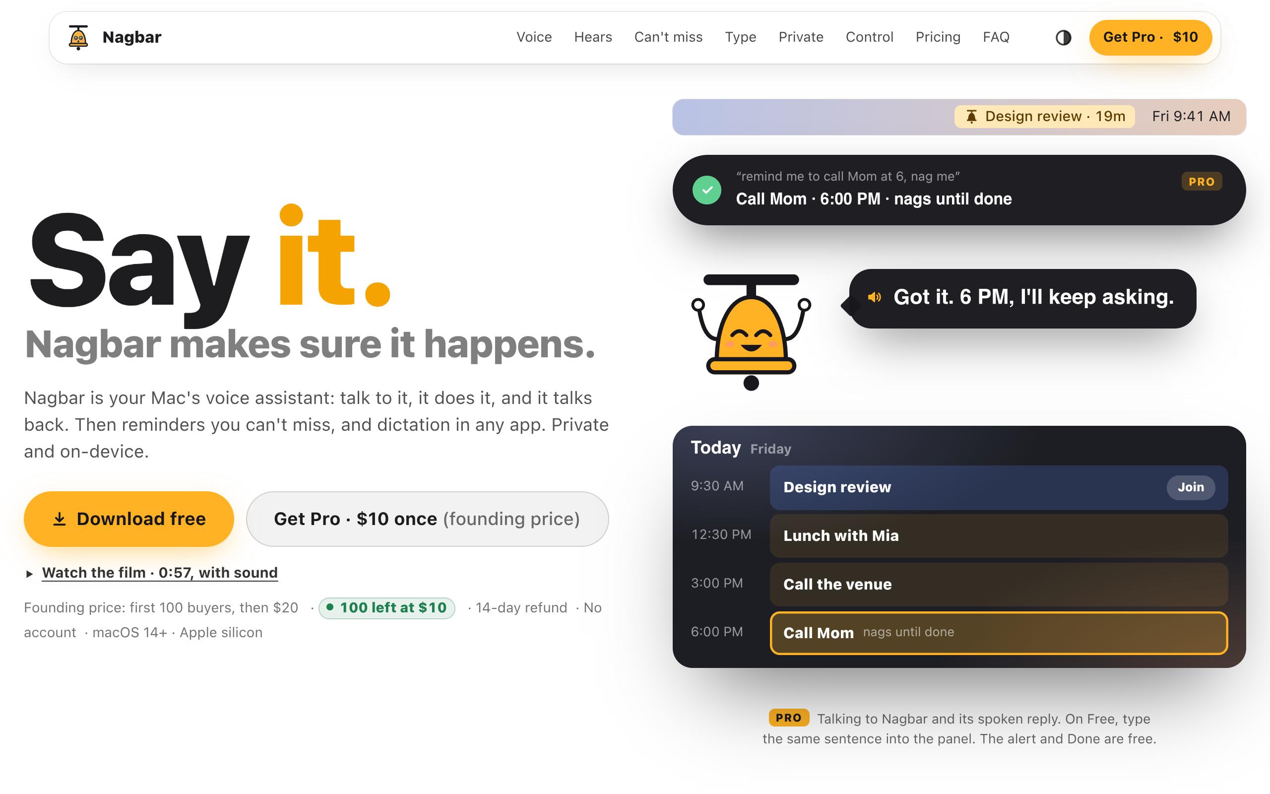 Screenshot of the nagbar.app landing page