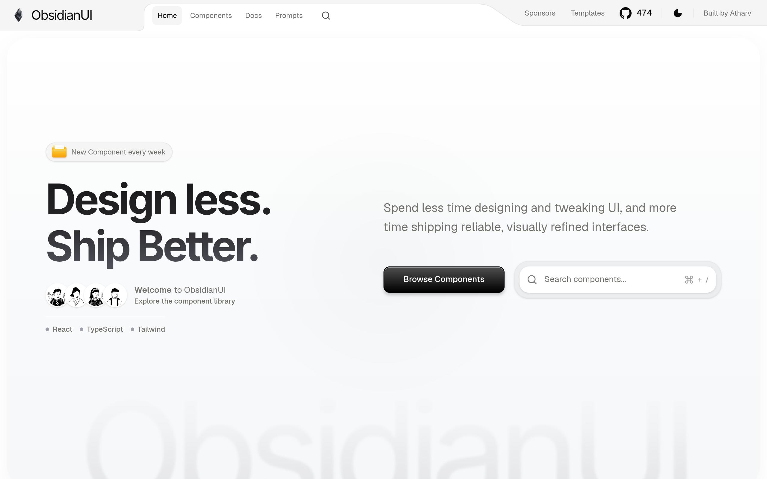 Screenshot of the obsidianui.dev landing page