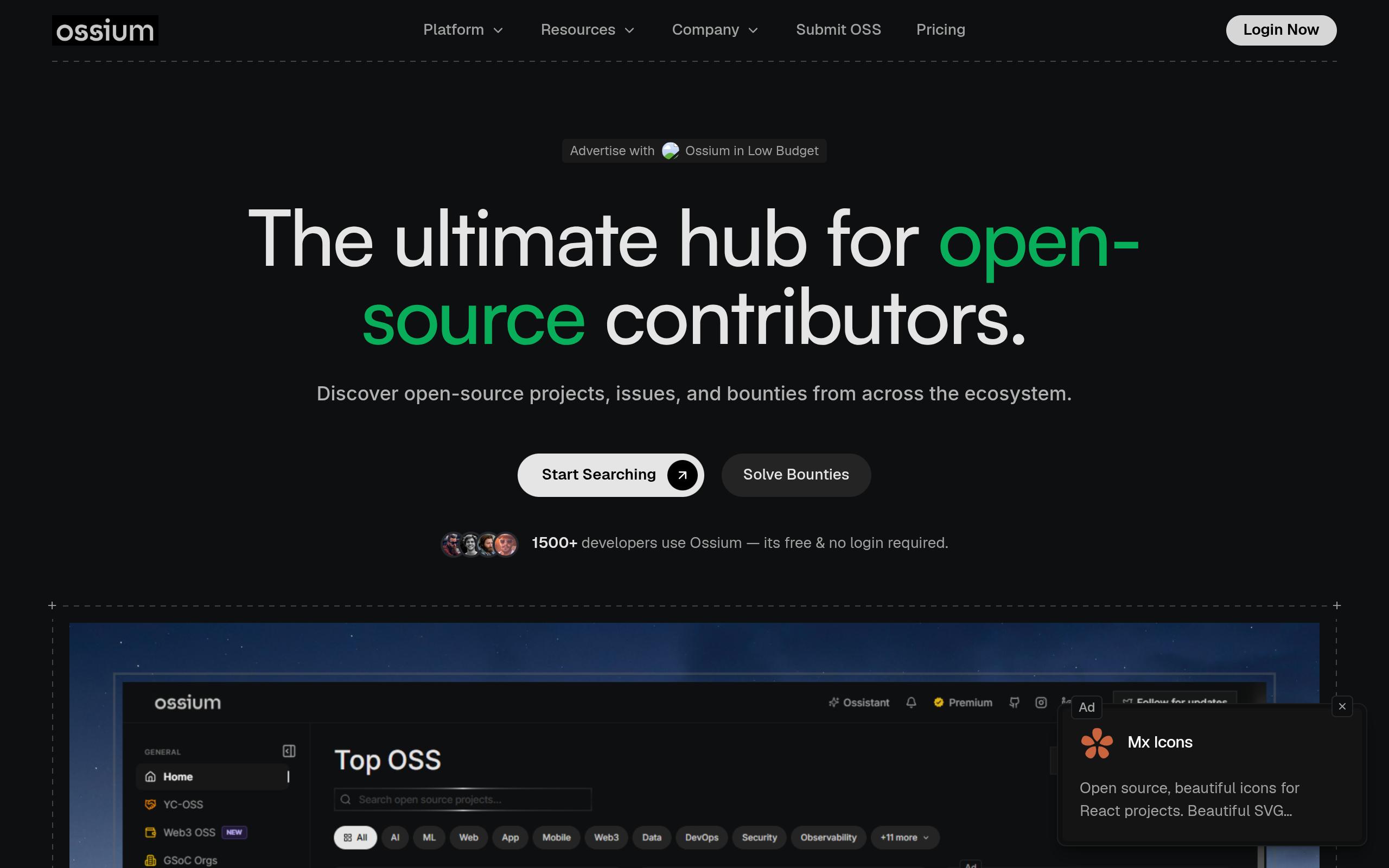 Screenshot of the ossium.in landing page