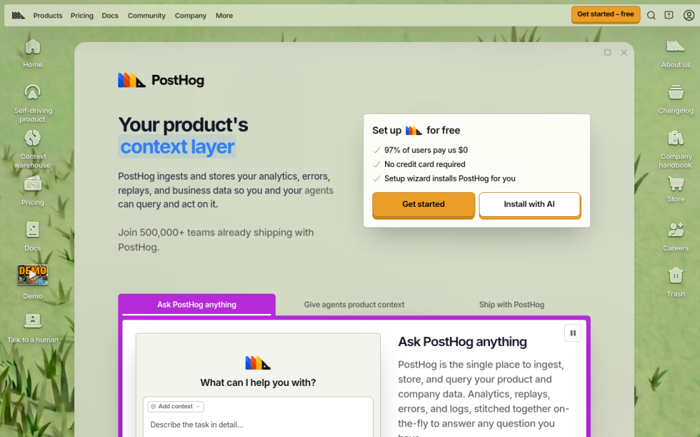 Screenshot of the posthog.com landing page
