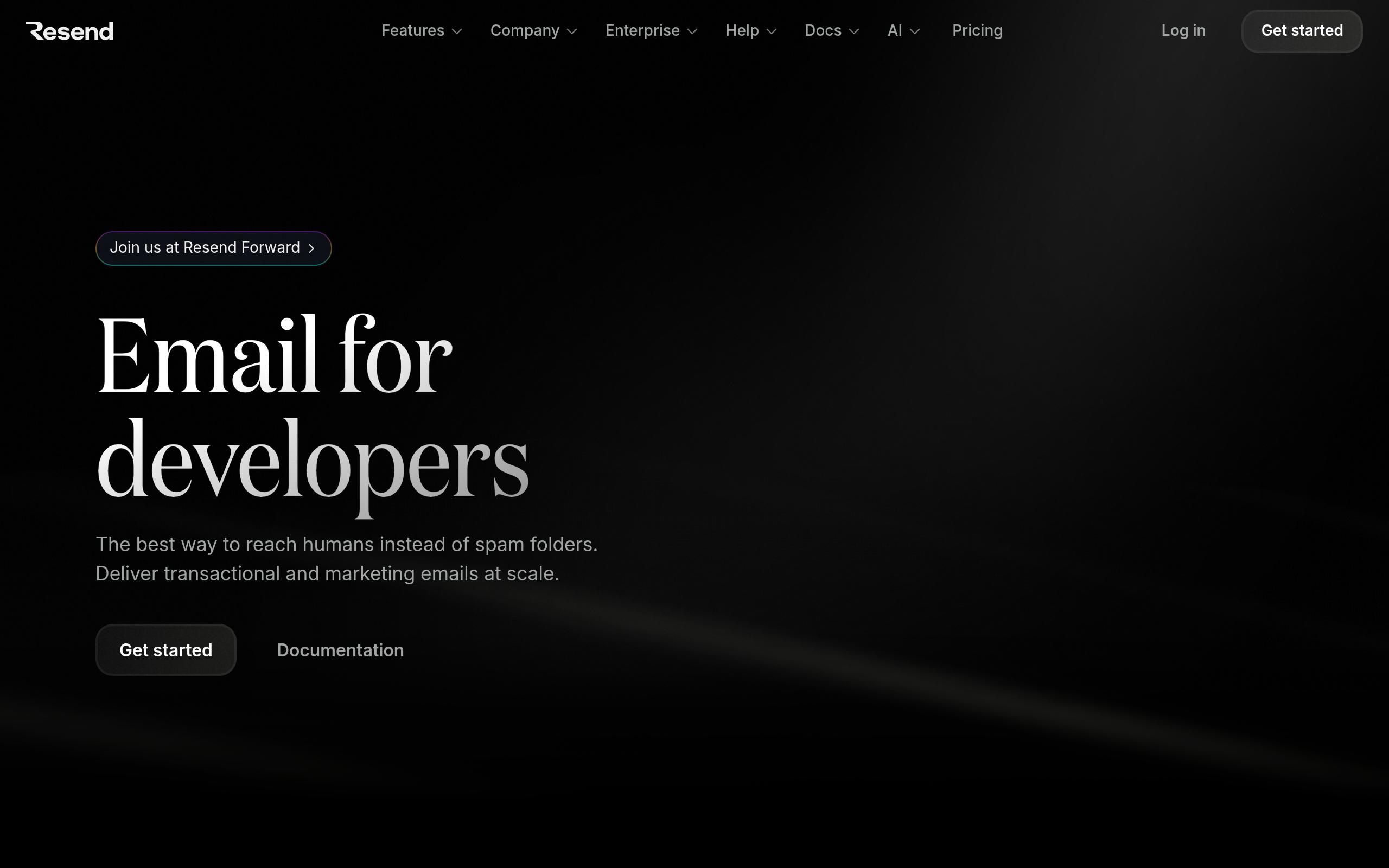 Screenshot of the resend.com landing page