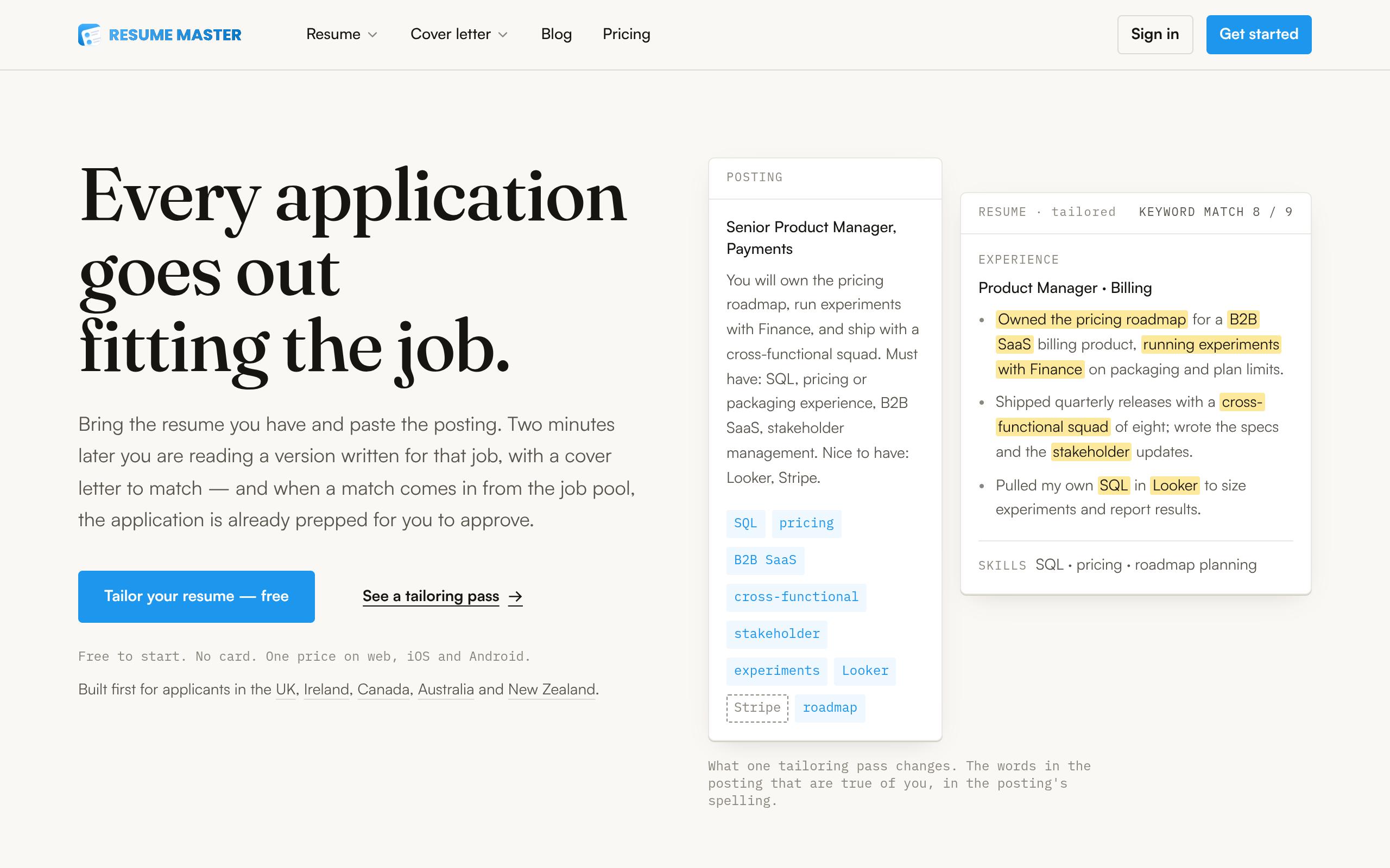 Screenshot of the resumemaster.net landing page