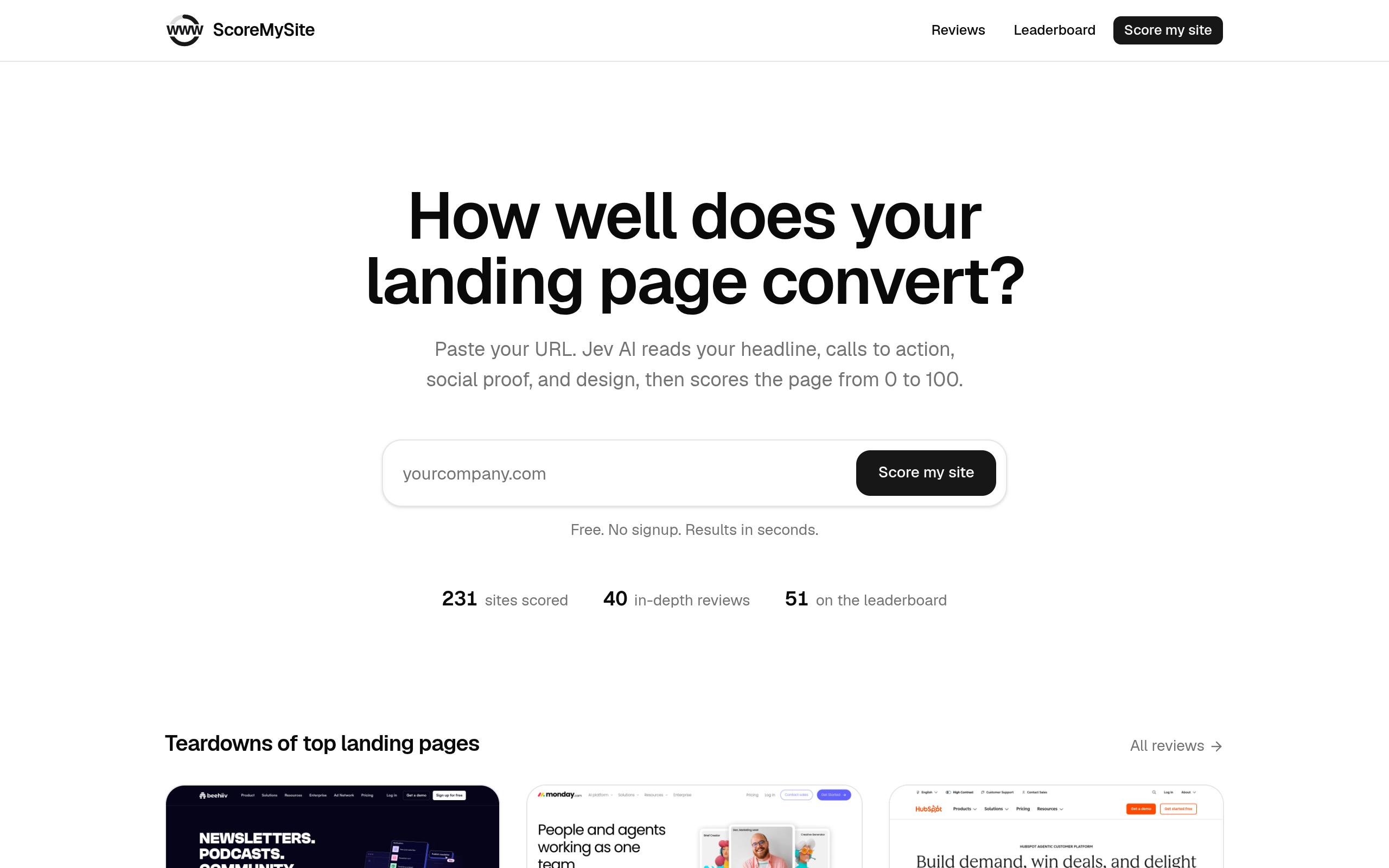 Screenshot of the scoremysite.dev landing page