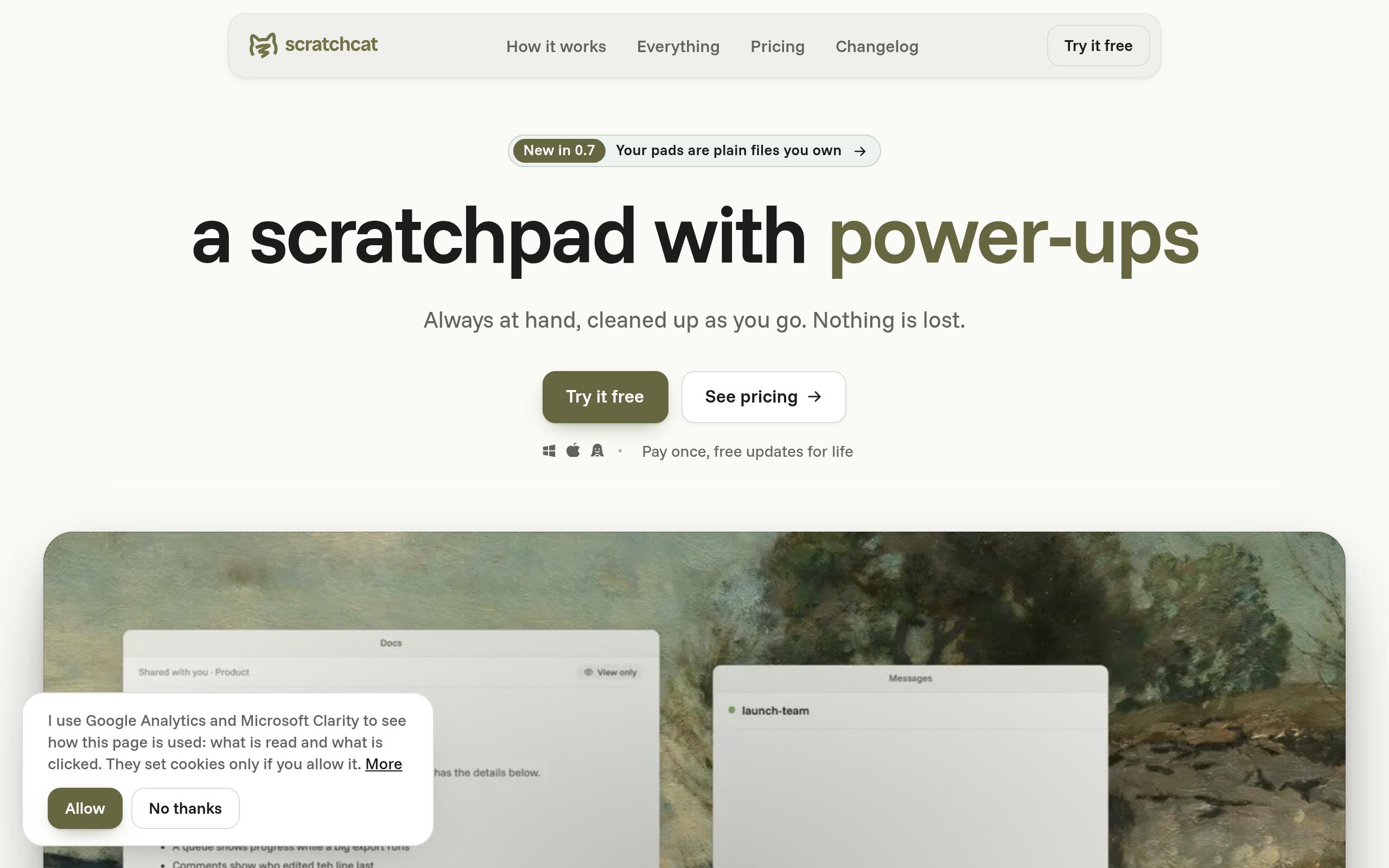 Screenshot of the scratchcat.app landing page