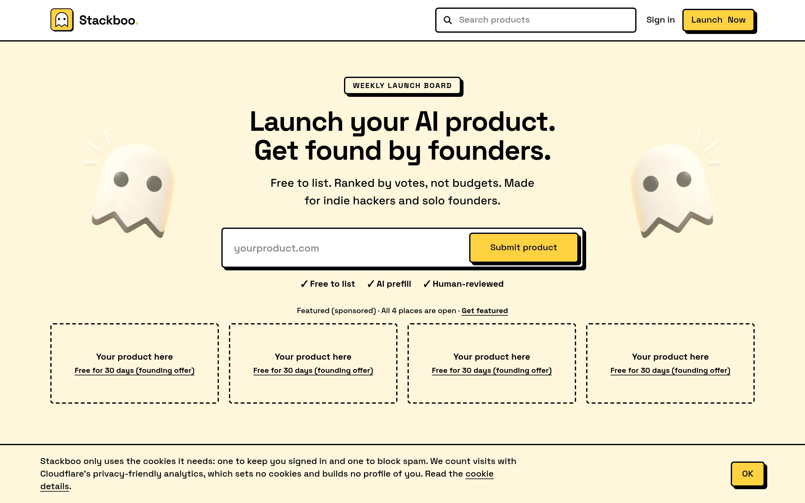 Screenshot of the stackboo.com landing page