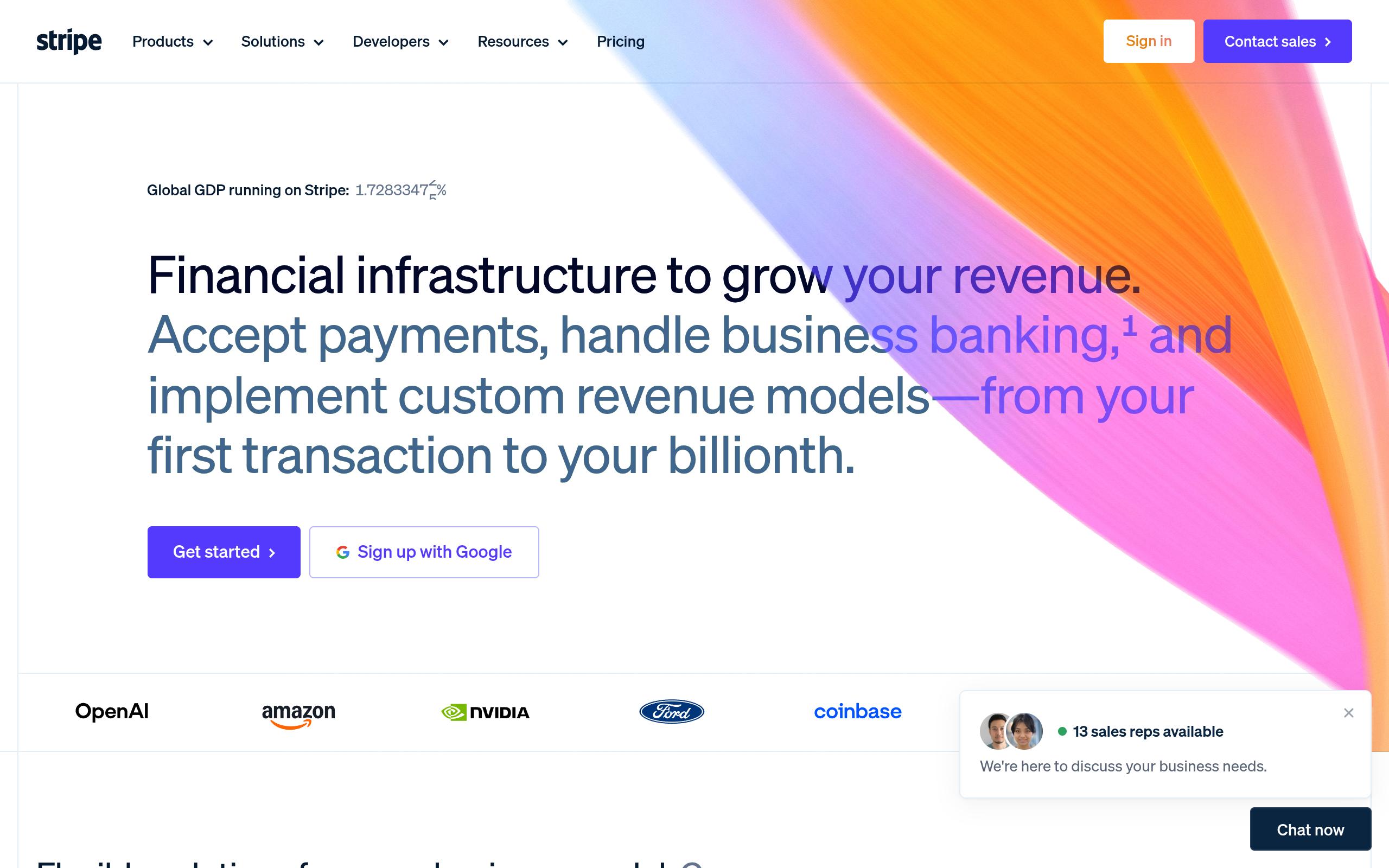 Screenshot of the stripe.com landing page