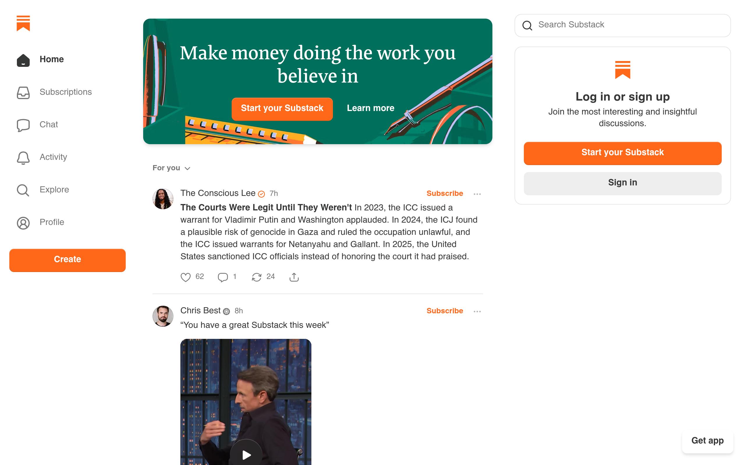Screenshot of the substack.com landing page
