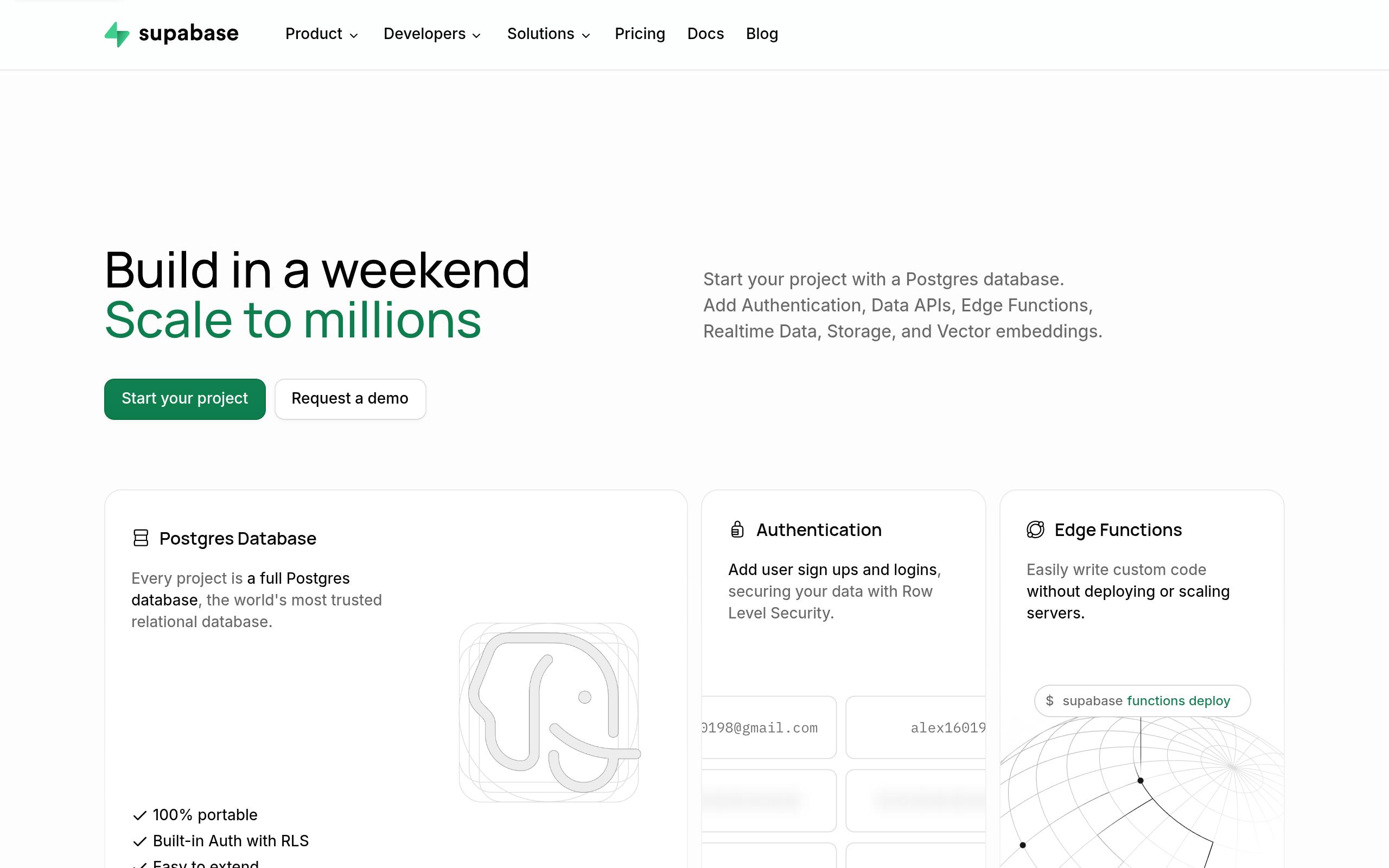 Screenshot of the supabase.com landing page
