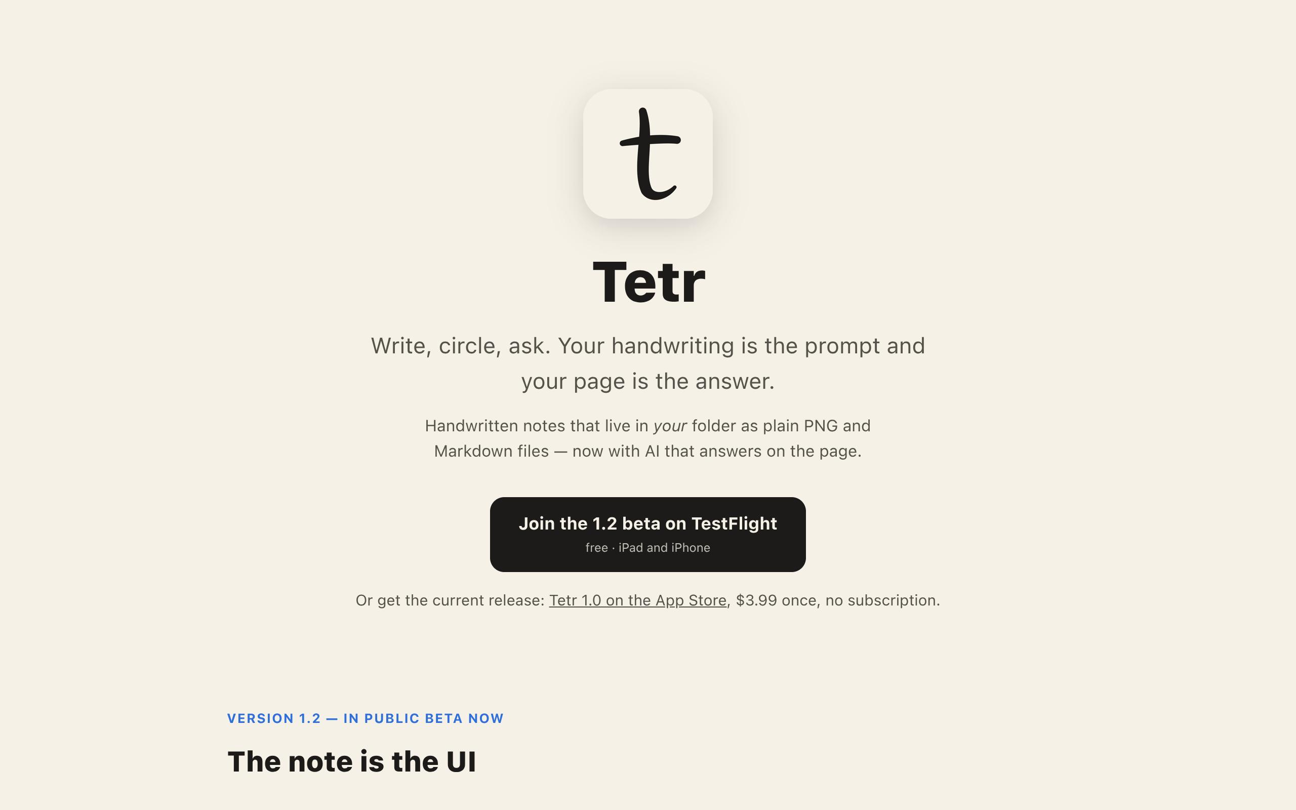 Screenshot of the tetr.md landing page