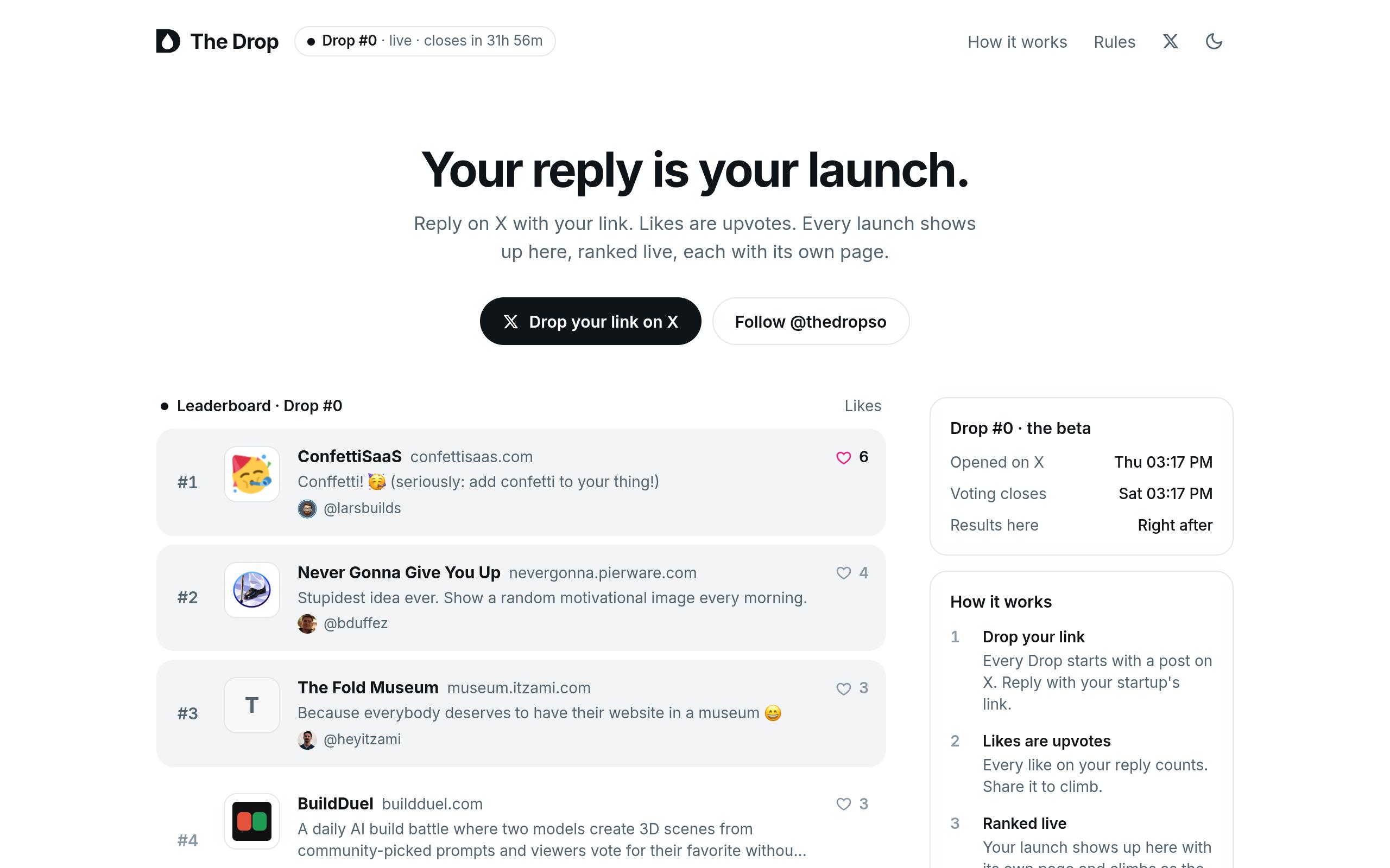 Screenshot of the thedrop.so landing page