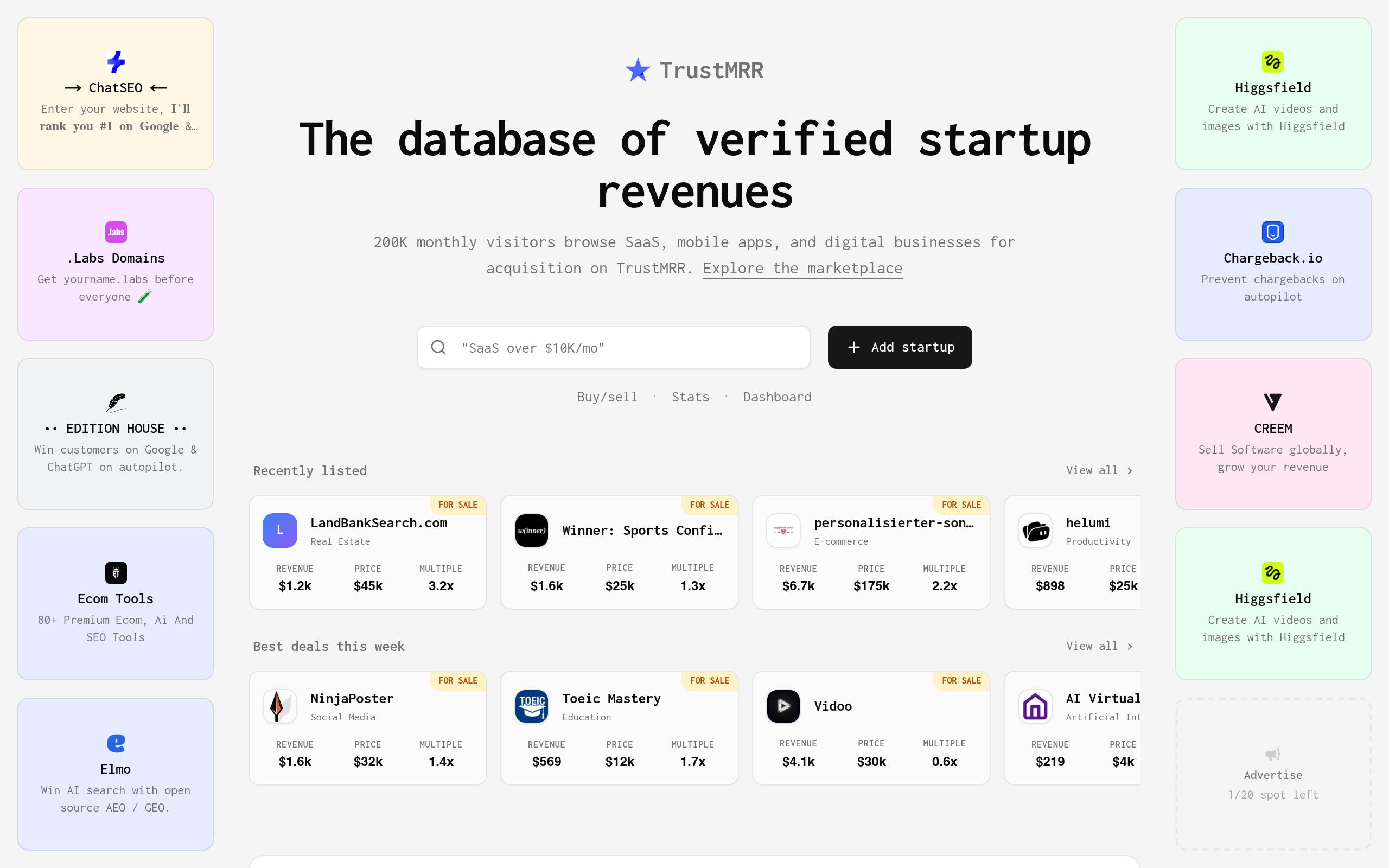 Screenshot of the trustmrr.com landing page