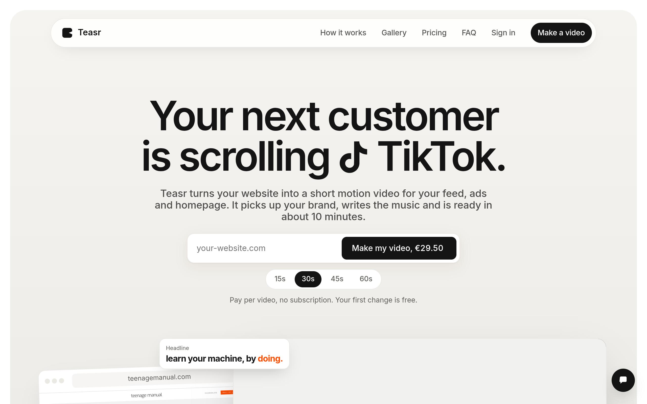 Screenshot of the tryteasr.com landing page