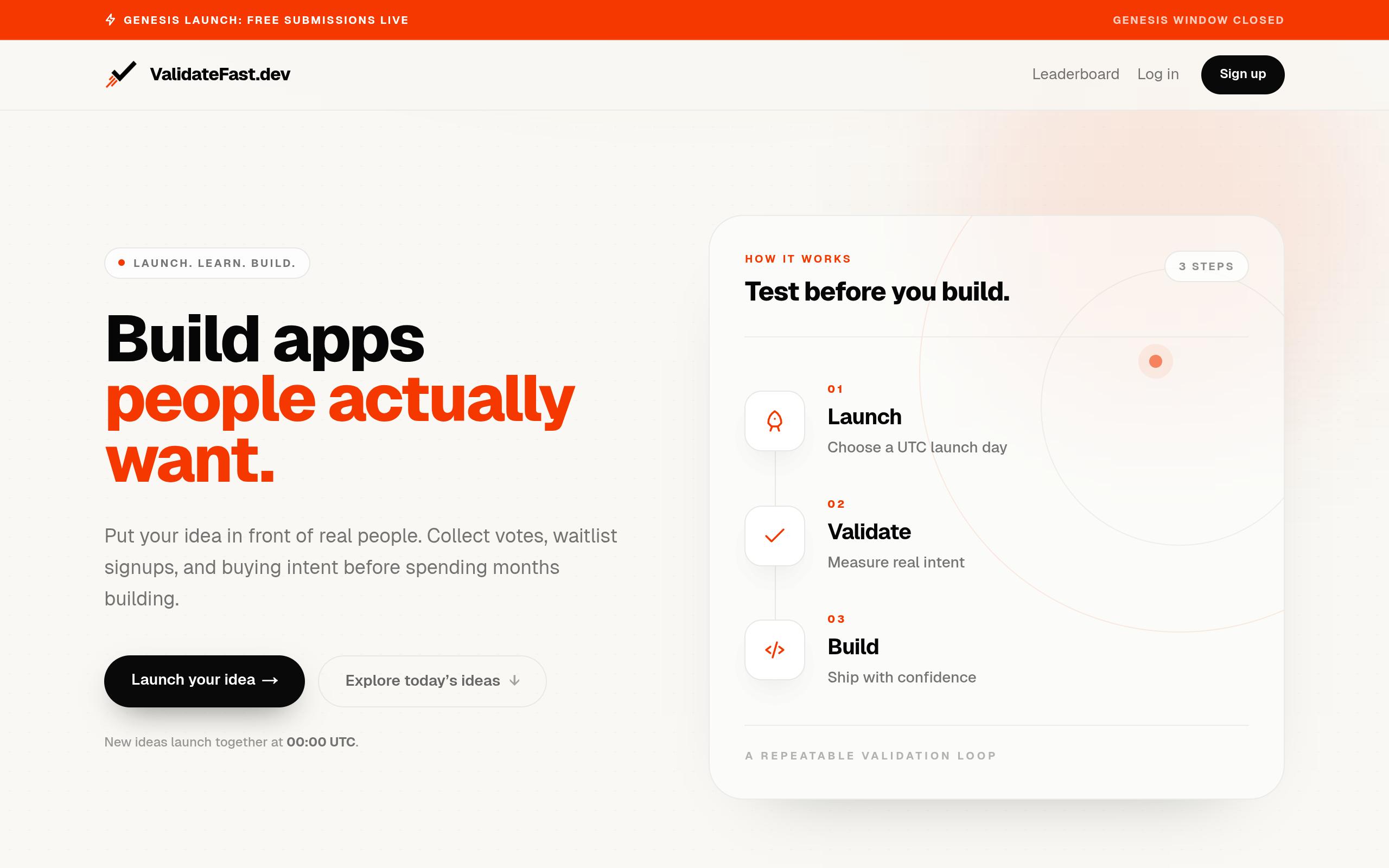 Screenshot of the validatefast.dev landing page