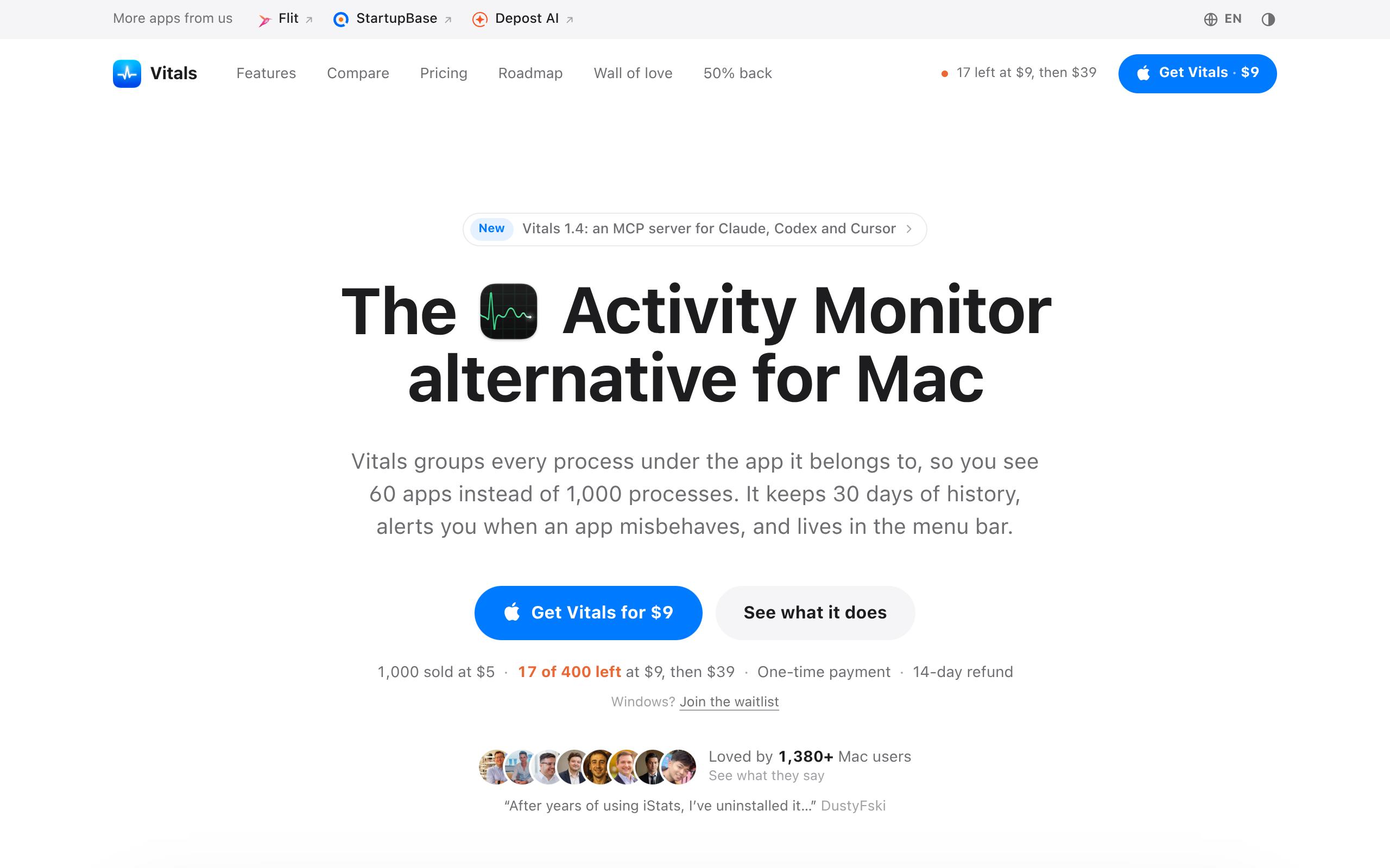 Screenshot of the vitalsmac.com landing page