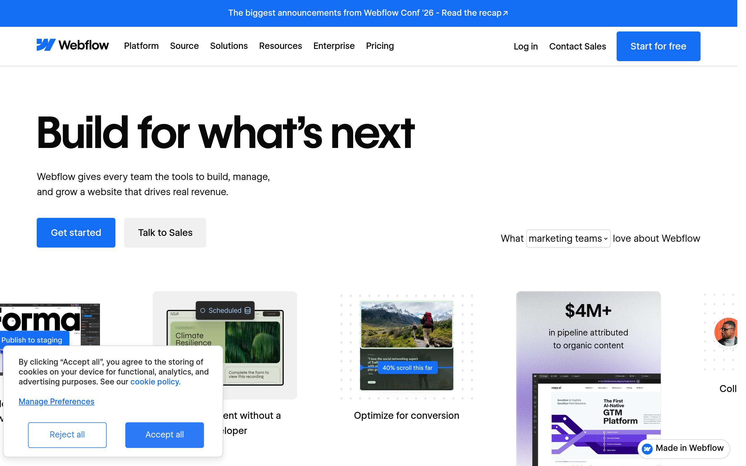 Screenshot of the webflow.com landing page
