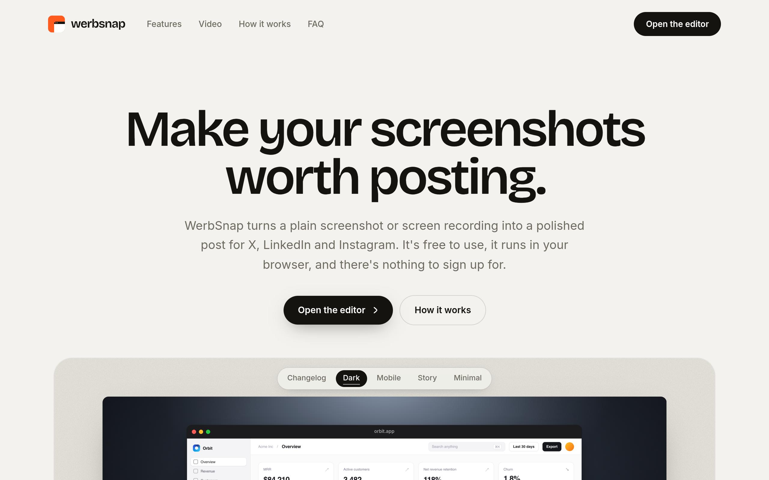 Screenshot of the werbsnap.com landing page