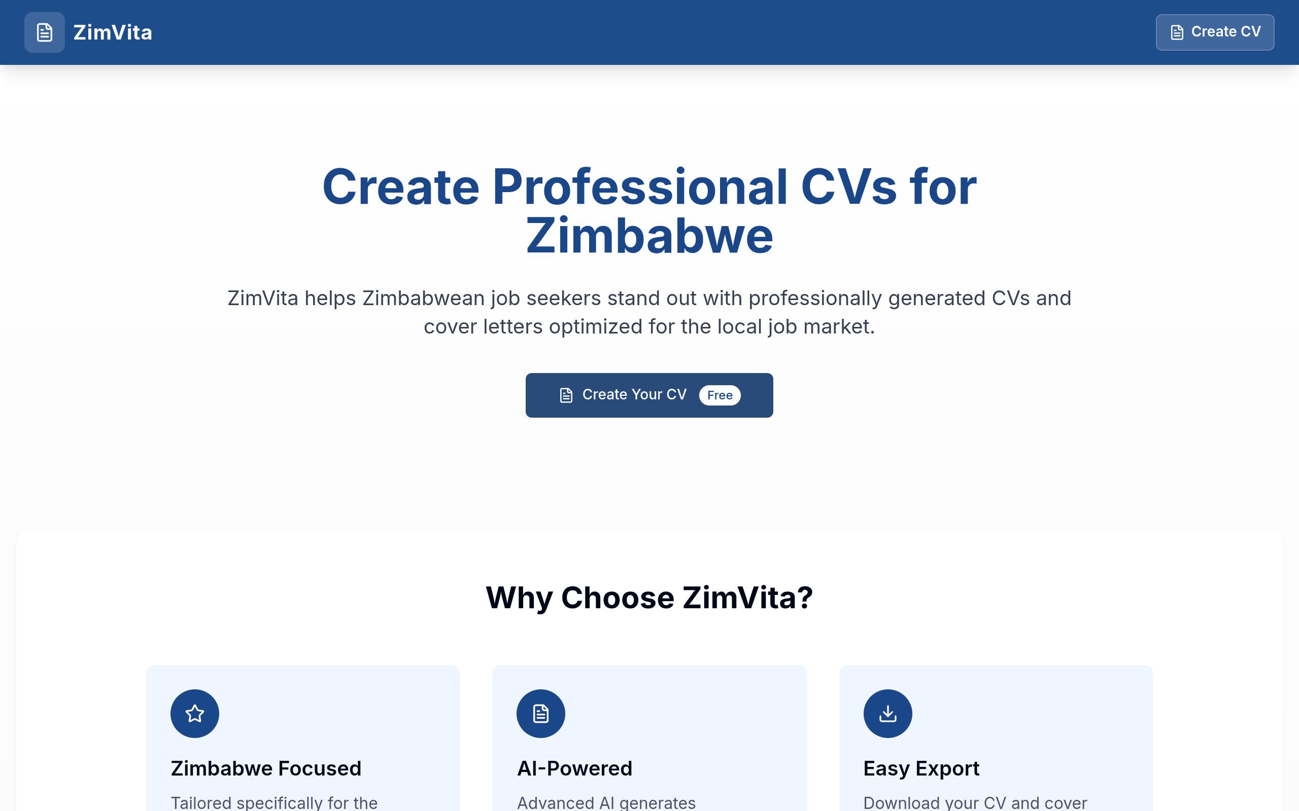 Screenshot of the zimvita.com landing page